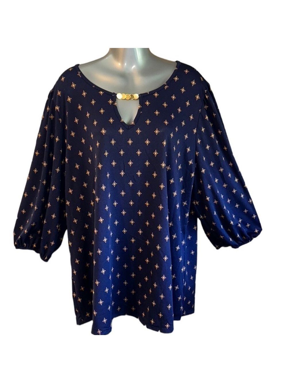 CURE Blue and Golden Yellow Print Blouse Tunic Top 3/4 Sleeve 3XL